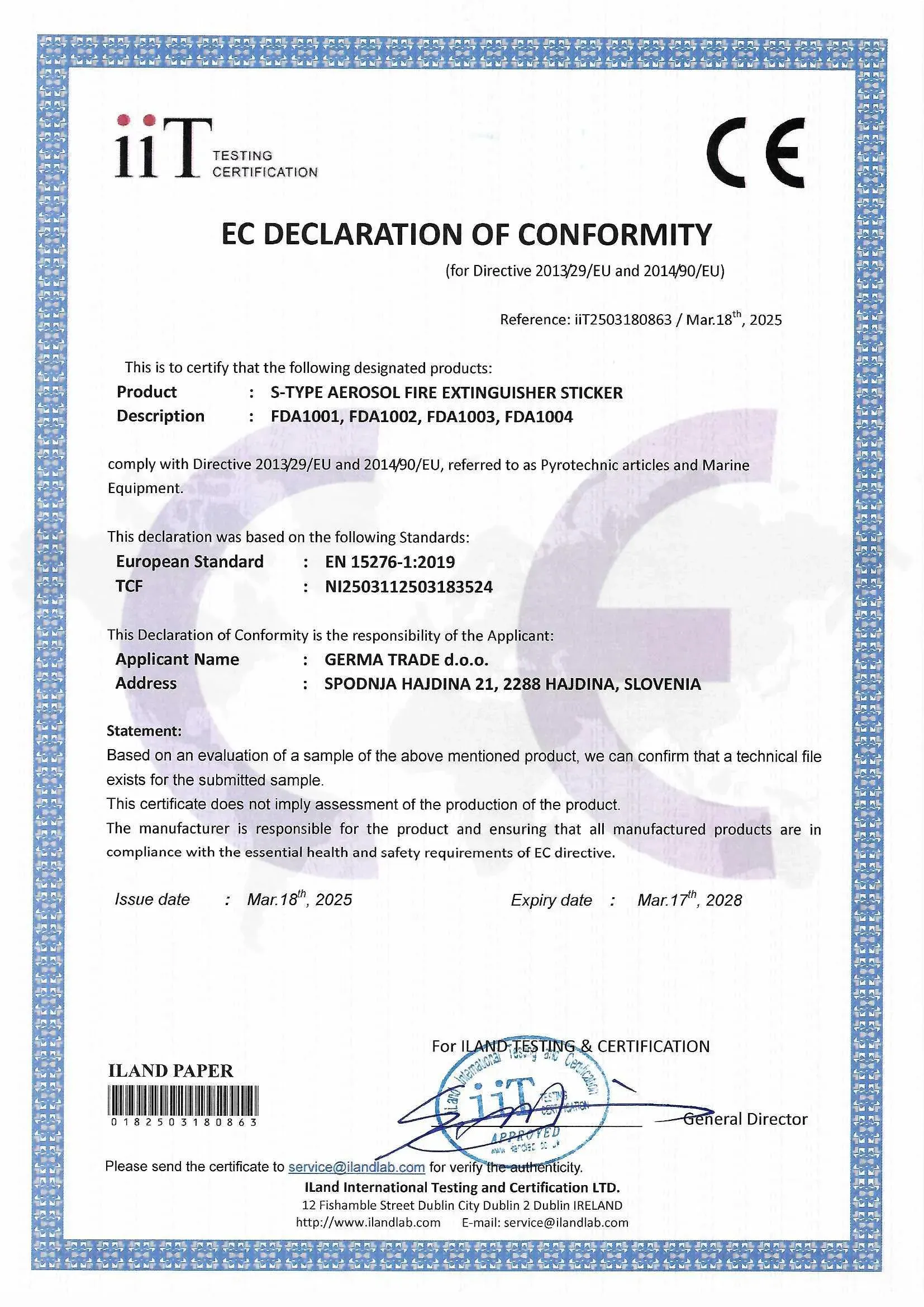 EC Declaration - Aerosol Sticker