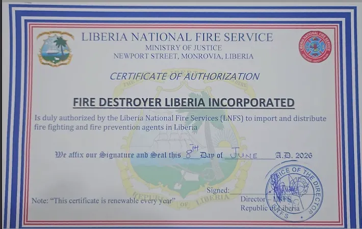 Liberia National Fire Service - Certificate of Authorization